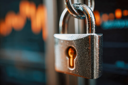 Macro shot of a metallic padlock symbolizing security and protection with blurred financial data and orange charts in the background for cybersecurity concept - Powered by Adobe