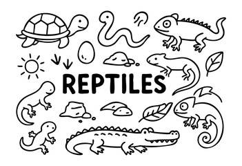 Doodle icons of various reptiles and amphibians &mdash; turtle, snake, crocodile, and lizard &mdash; stock vector.