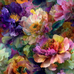 Artistic floral masterpiece showcasing a vibrant blend of Regal Purple, Fuchsia Pink, and Golden Yellow peonies, expertly enhanced with adobe photoshop for breathtaking digital elegance.