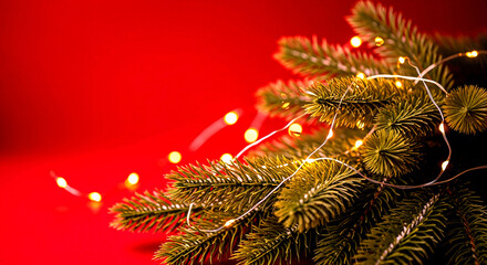 A festive fir tree branch decorated with glowing fairy lights against a vibrant red background.