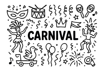 Fototapeta premium Doodle icons for a carnival or festival — mask, dancer, crown, and confetti — stock vector.