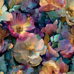 Expressive floral pattern in Fuchsia Pink, Aqua Blue, and Goldenrod Yellow, created with intricate digital brushstrokes, showcasing vibrant botanical beauty ideal for art prints and adobe photoshop te