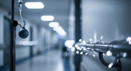 Hospital hallway decorated for Christmas with a blue bauble ornament on an IV pole and string lights on a handrail, creating a poignant holiday scene in a medical facility.
