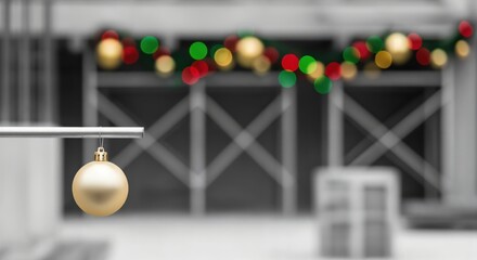 Elegant golden Christmas bauble hanging from a silver rod with festive red, green, and gold bokeh lights in a blurred background.