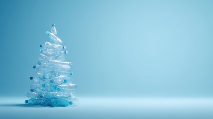 Recycled plastic bottles stacked as an eco-friendly Christmas tree, symbolizing environmental sustainability and waste reduction.