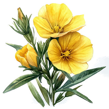 Evening Primrose Flower, clipart vector in watercolor style with flowing brushwork, isolated on a white background.
