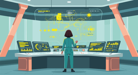 A woman in a control room monitors data on screens, likely overseeing a complex system or technological infrastructure.