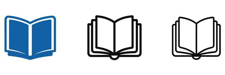 Open book icons, reading and education symbols, library and literature graphics, knowledge and learning illustrations, study and academic vector elements, open pages designs, educational materials 