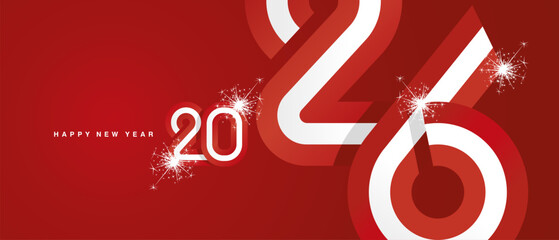 Happy New Year 2026. Combination of small and large typography in the shape of a Canada ribbon for the year 2026. Abstract red white ribbon flag with sparkling fireworks on a red background.ai