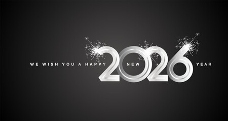 Fototapeta na wymiar We wish You Happy New Year 2026 eve silver glass modern design numbers sparkle firework black color greeting card.ai