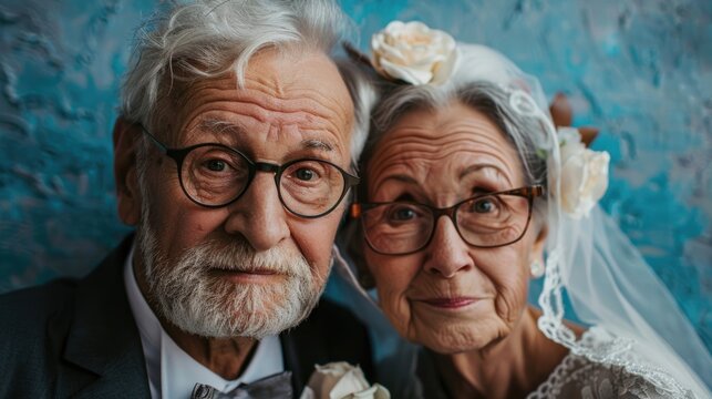 happy couple of elderly newlyweds, wedding ceremony, smiling bride and groom, loving seniors wife and husband, wedding anniversary, advanced age, grandmother and grandfather - Powered by Adobe