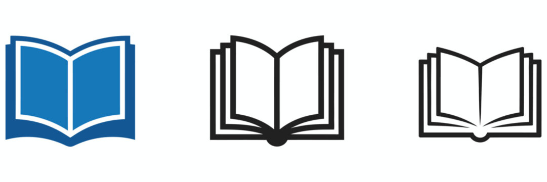 Open book icons, reading and education symbols, library and literature graphics, knowledge and learning illustrations, study and academic vector elements, open pages designs, educational materials 