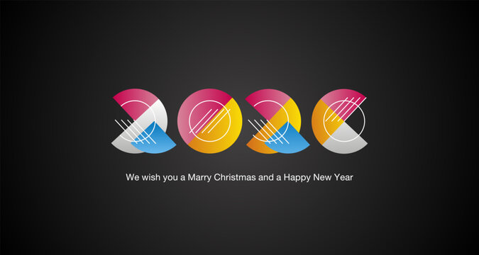 Merry Christmas and a Happy New Year 2026 modern colorful abstract shaped numbers composed of quarter and half circles and white lines. 2026 sign icon on black background.ai