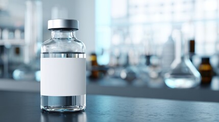 Clear glass medical vial with blank label in a sterile, modern laboratory setting, symbolizing scientific innovation and healthcare solutions.