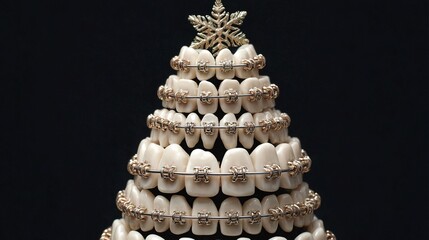 New Year and Christmas card. The tree is made of teeth with braces instead of garland on dark black background. Congratulations to the dental clinic for 2026. Dentistry. stomatology