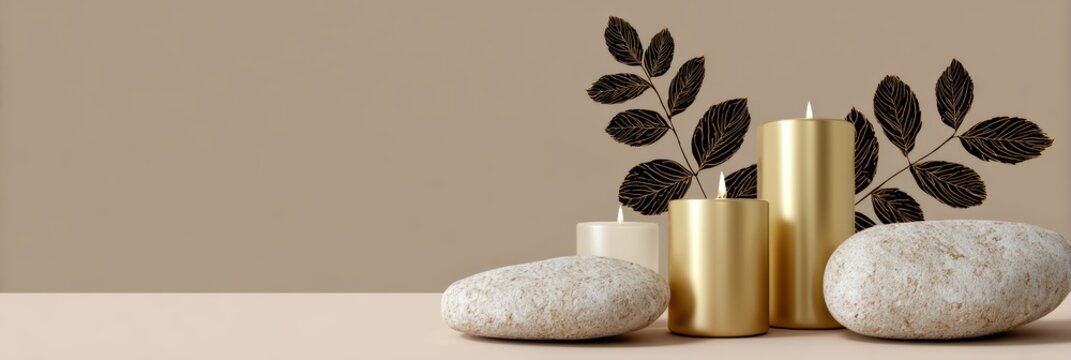 minimalist massage ad, massage ad template thin elegant line drawings of candles, leaves, and massage stones on a soft beige background, with balanced negative space for text modern and calming