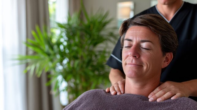 spa massage therapy, therapist offers soothing back massage to client in sunny spa room, creating tranquil atmosphere, ideal for wellness ads