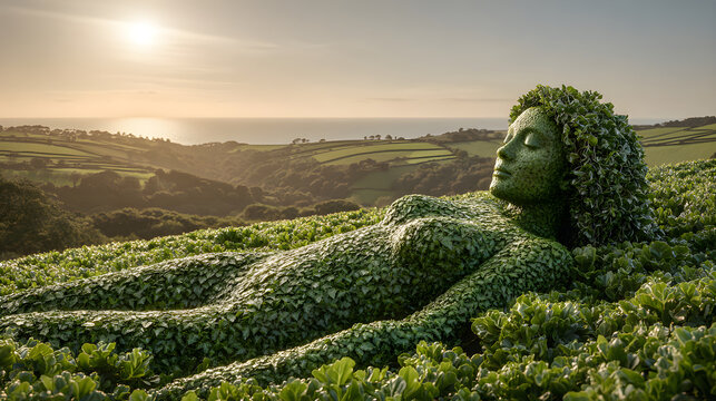 Gaia sculpture representing mother earth resting on a hill