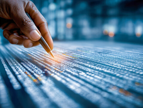 Hand holding a pen analyzing complex lines of digital data code on futuristic glowing computer interface background in technology concept