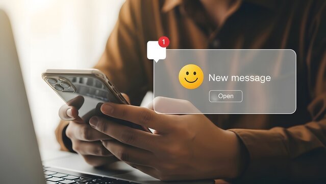 Man receives new message notification on smartphone with a happy face emoji