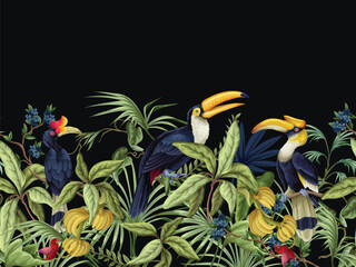 Tropic birds vector border with exotic hornbills tropical foliage botanical jungle decorative design illustration
