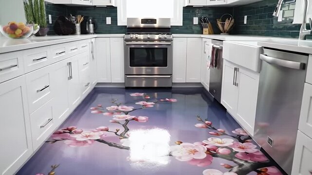 Modern U-shaped kitchen with white cabinetry and a bold glossy floral floor pattern spanning the space