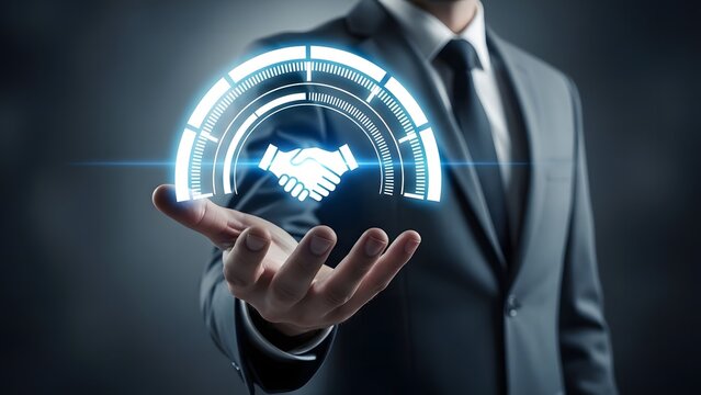 Businessman presenting holographic handshake symbol of agreement partnership and business solutions - Powered by Adobe