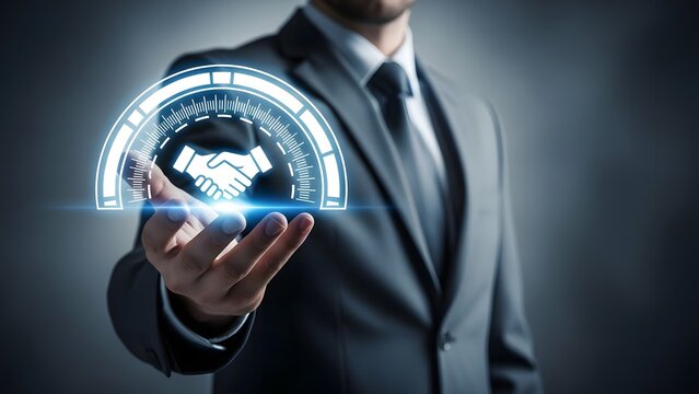 Businessman holding holographic handshake symbolizing global partnership and technology integration