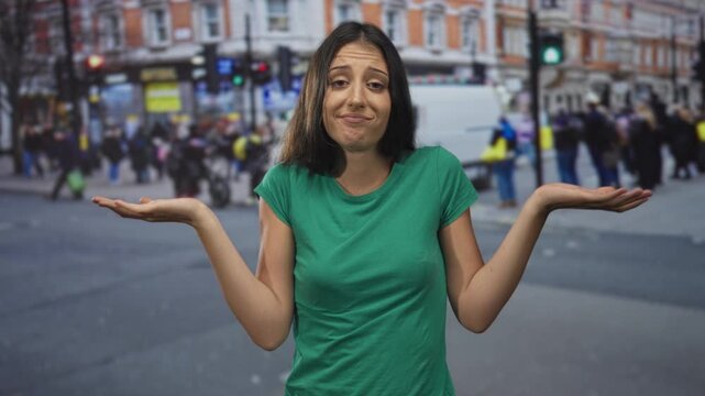 Woman with hand to ear and shrugging shoulders on a busy city street, looking puzzled; confusion doubt uncertainty.