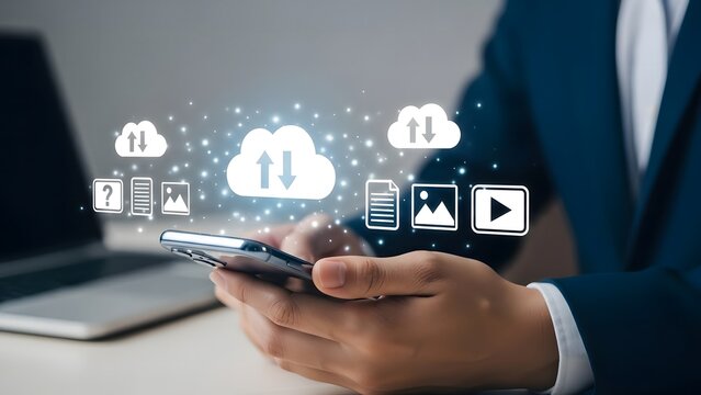 Businessman using cloud computing technology on smartphone for data storage
