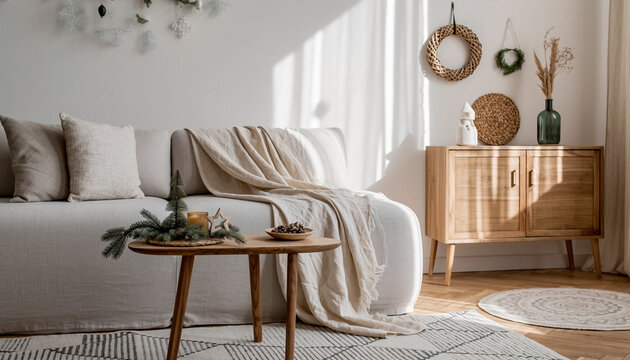 Stylish living room with neutral tones perfect for holiday gatherings or cozy winter nights, blending comfort and elegance for a welcoming atmosphere