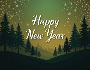 Happy New Year greeting card graphic in dark green and gold colors with forest silhouettes and sparkling snowflakes