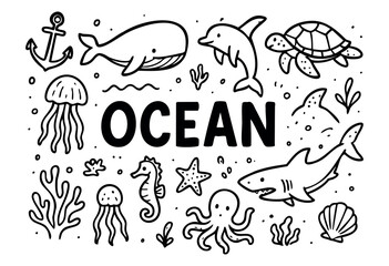 Obraz premium Ocean doodle illustration — whale, shark, and other sea animals and marine life — stock vector.