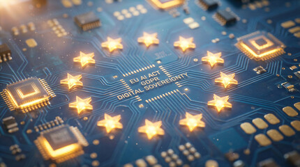 A futuristic concept illustration of the European Union flag depicted as glowing golden stars on a blue electronic circuit board, symbolizing digital data protection and the EU AI Act.