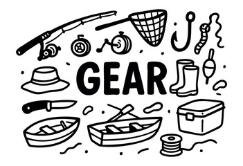 Fishing gear doodle illustration — rod, reel, and other angling equipment and supplies — stock vector.