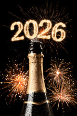 Celebration of New Year 2026 with champagne and fireworks in the night sky