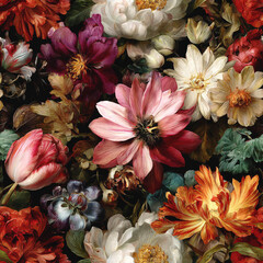 Opulent floral still life, reminiscent of classical paintings, featuring blooming Deep Red and Cream White tulips alongside a prominent Vivid Pink blossom, perfected for digital design in adobe photos