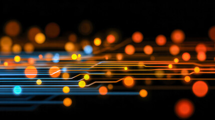 Abstract glowing blue and orange light trails and orbs creating a futuristic digital network effect on black background with vibrant bokeh highlights