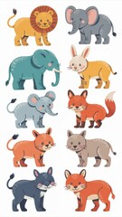 Obraz premium Cute Cartoon Animals Collection: Lion, Elephant, Rabbit, Fox and Cat