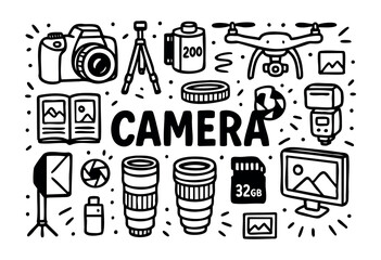Camera doodle illustration — photography and videography equipment, including a drone — stock vector.