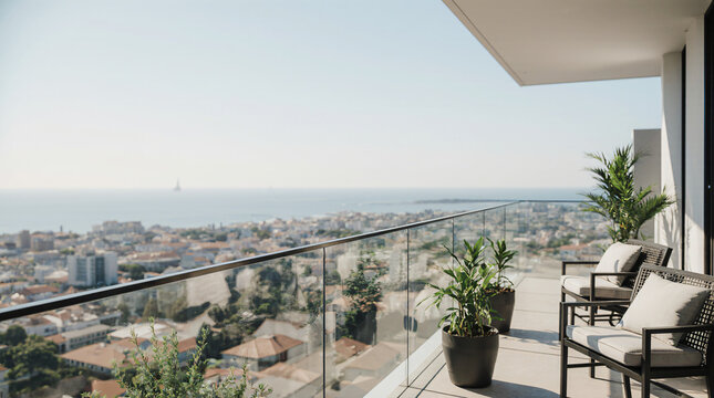 Gourmet balcony of a luxury apartment with glass railing and urban/beach views in the background, focusing on the leisure area.