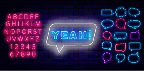 Yeah neon label in speech bubble. Good news. Consent and agreement. Game design. Label for casino, talk show. Cloud frames set. Shiny pink alphabet. Editing text. Vector stock illustration