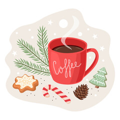 Christmas coffee and holiday treats. Pine cone, red mug, fir branches and Christmas cookie. Vector illustration in flat style.