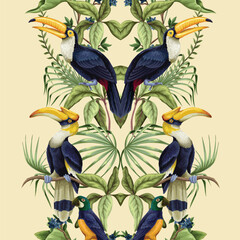 Tropic jungle birds vector seamless pattern with exotic parrots toucans leaves and branches