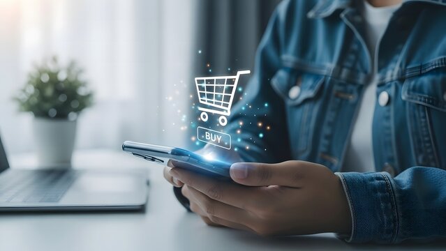 Online shopping concept man using smartphone with holographic shopping cart overlay
