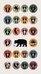 Naklejka premium Stylized Bear and Wilderness Tracks Folk Art Illustration Set
