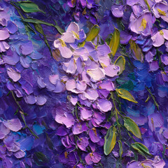 A Vivid Oil Painting of Abundant Wisteria Flowers in Deep Violet and Lavender Blush, with delicate Emerald Green foliage, offering an artistic texture that enhances digital design projects in Adobe Ph