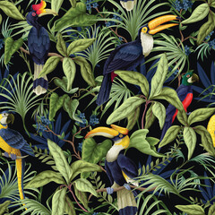 Tropic jungle birds vector seamless pattern with exotic parrots toucans leaves and branches