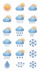 Obraz premium Weather Forecast Icons Set: Sunny, Cloudy, Rainy and Snowy