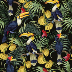Tropic banana birds vector seamless pattern with exotic hornbills palm leaves and fruits